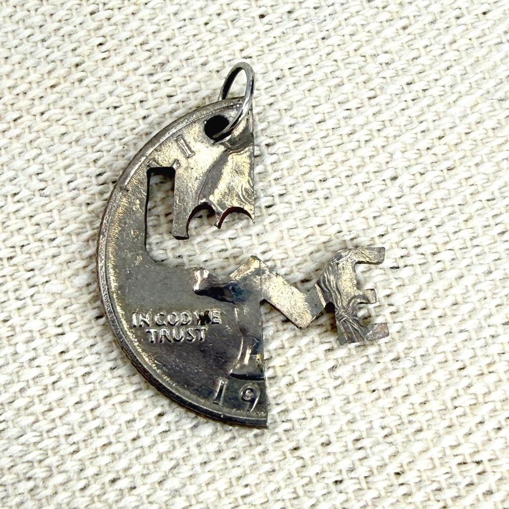 Hand Cut LOVE Coin Pendant Handcrafted‎ Jewelry US Quarter Art Silver Tone